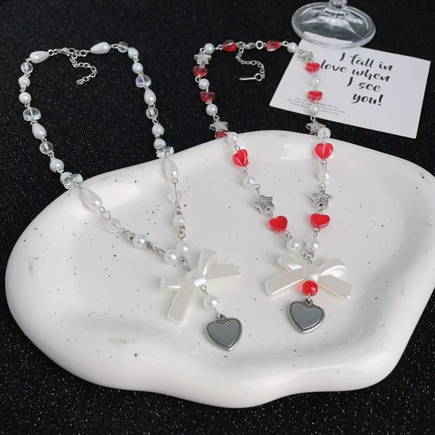 Bow Faux Pearl Heart Necklace