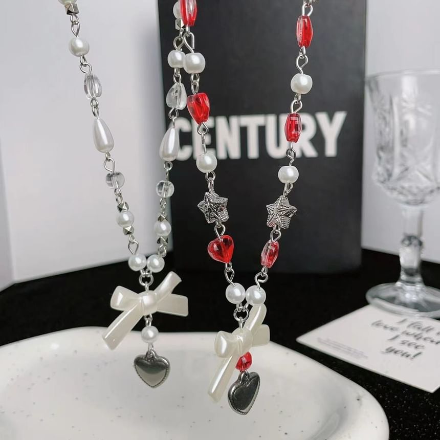 Bow Faux Pearl Heart Necklace