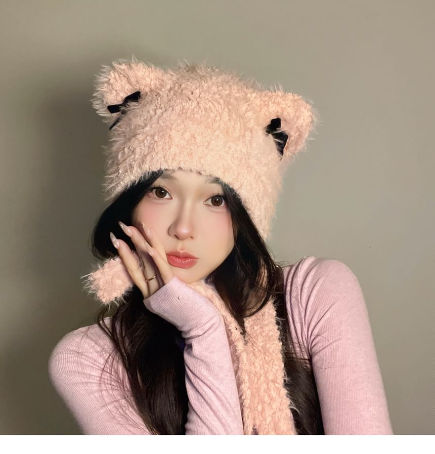 Bear Ear Ribbon Chenille Knit Hat