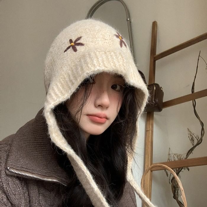 Hat Floral Embroidered Knit Bonnet
