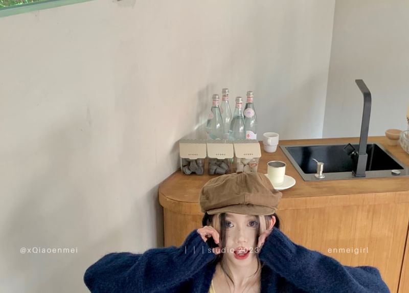 Tee Mid Skirt Sleeve Plaid Mini Cardigan V-Neck Waist / Pleated Plain Long