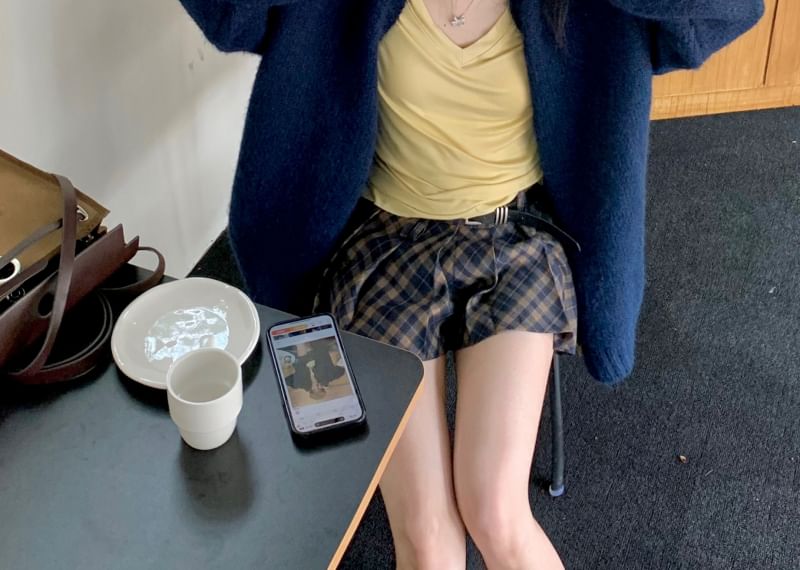 Tee Mid Skirt Sleeve Plaid Mini Cardigan V-Neck Waist / Pleated Plain Long