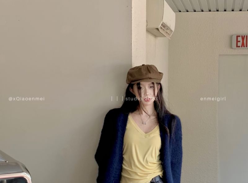 Tee Mid Skirt Sleeve Plaid Mini Cardigan V-Neck Waist / Pleated Plain Long