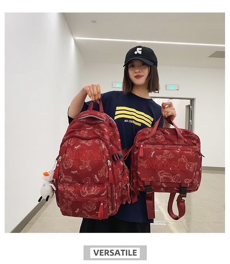 Laptop Lettering Applique Charm Print Bear Set Tote Bag Backpack / Nylon