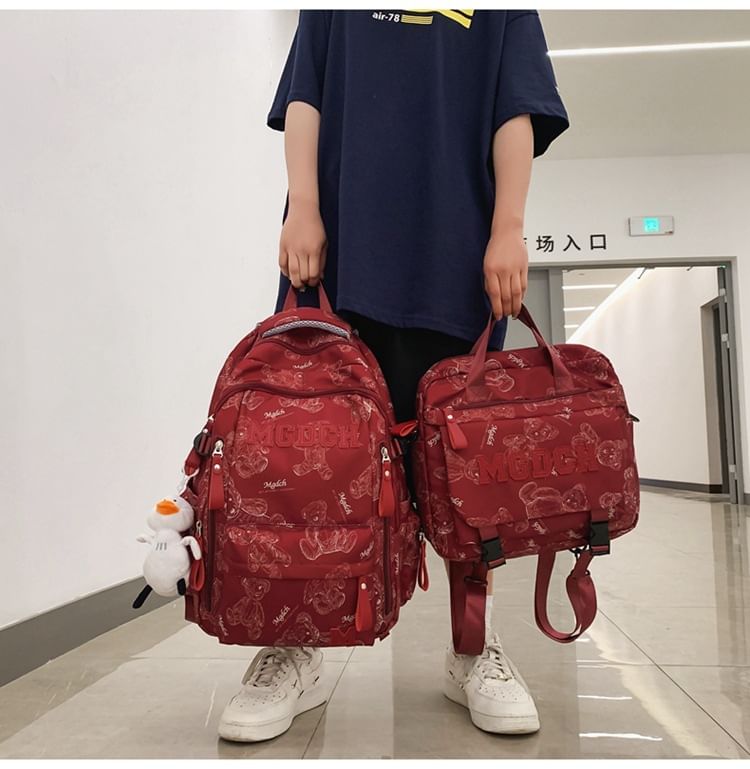 Laptop Lettering Applique Charm Print Bear Set Tote Bag Backpack / Nylon