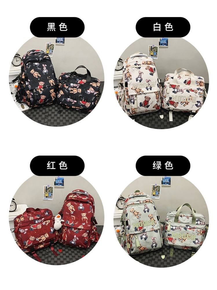 Set / Laptop Backpack Bear Nylon Tote Print Charm Applique Lettering Bag