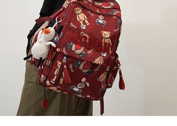 Set / Laptop Backpack Bear Nylon Tote Print Charm Applique Lettering Bag
