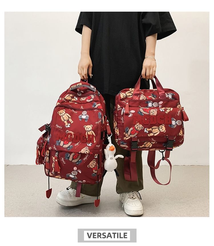 Set / Laptop Backpack Bear Nylon Tote Print Charm Applique Lettering Bag