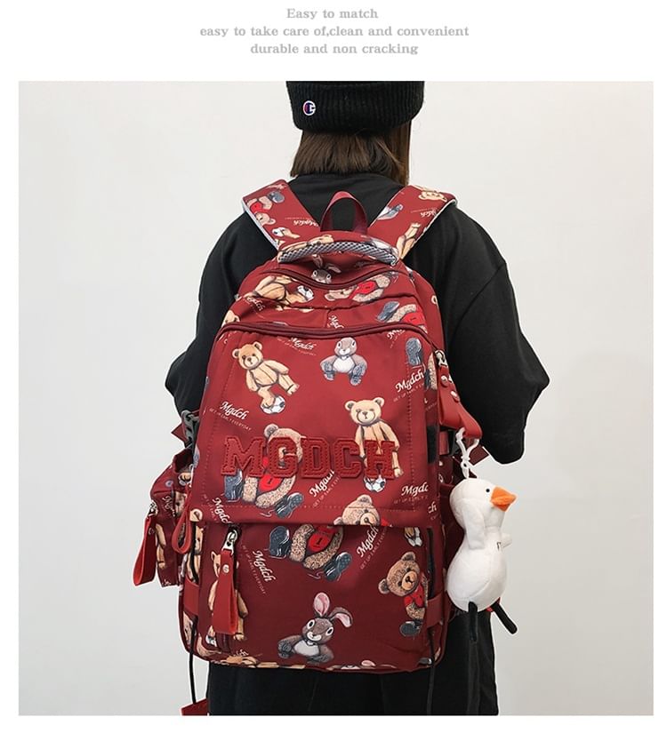 Set / Laptop Backpack Bear Nylon Tote Print Charm Applique Lettering Bag