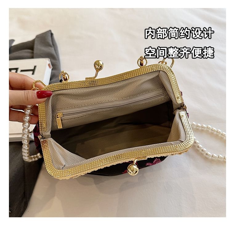 Embroidered Crossbody Bag Floral Kiss Pearl Strap Lock Tassel Faux