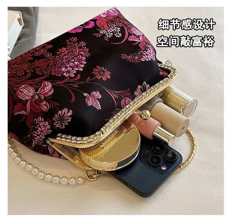 Embroidered Crossbody Bag Floral Kiss Pearl Strap Lock Tassel Faux