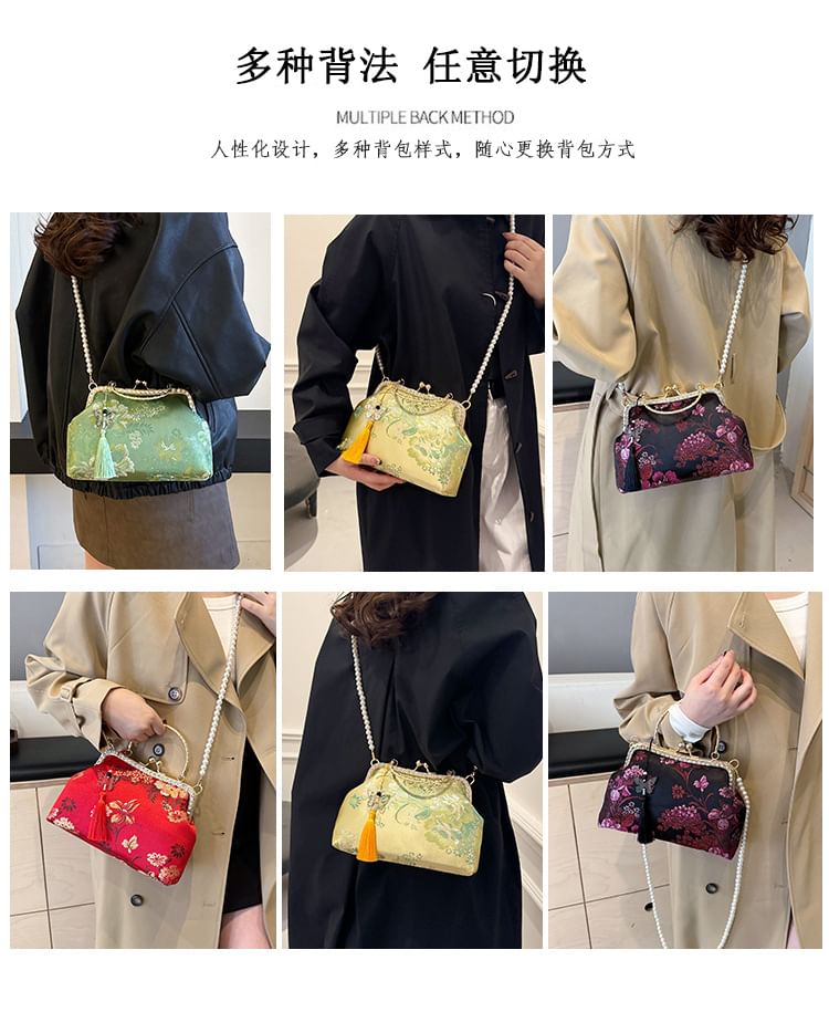 Embroidered Crossbody Bag Floral Kiss Pearl Strap Lock Tassel Faux