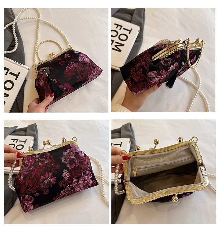 Embroidered Crossbody Bag Floral Kiss Pearl Strap Lock Tassel Faux