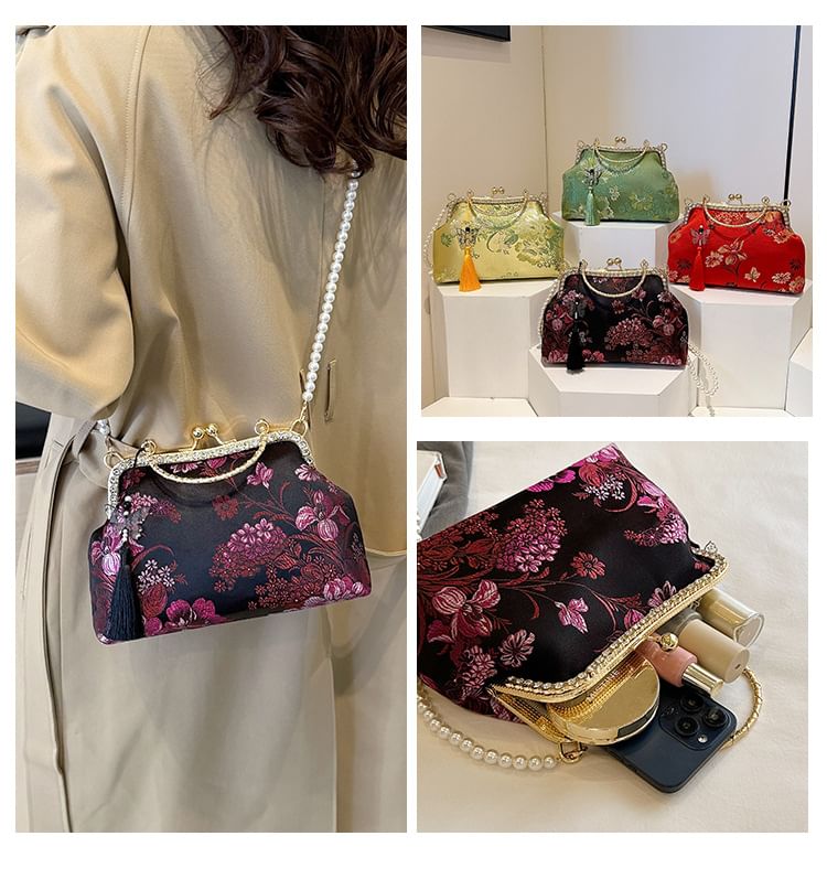 Embroidered Crossbody Bag Floral Kiss Pearl Strap Lock Tassel Faux