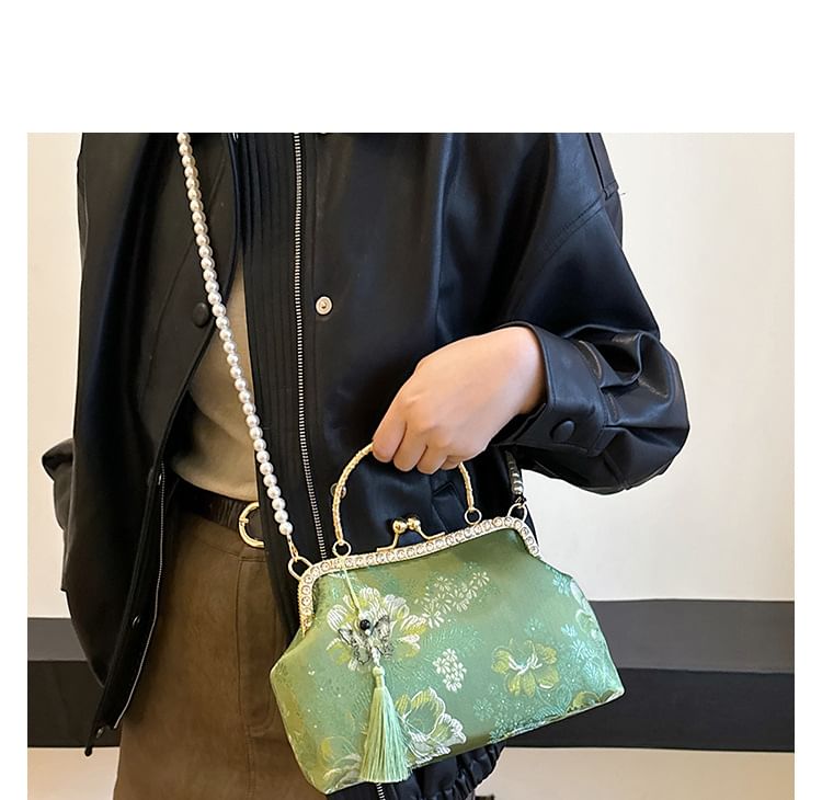 Embroidered Crossbody Bag Floral Kiss Pearl Strap Lock Tassel Faux