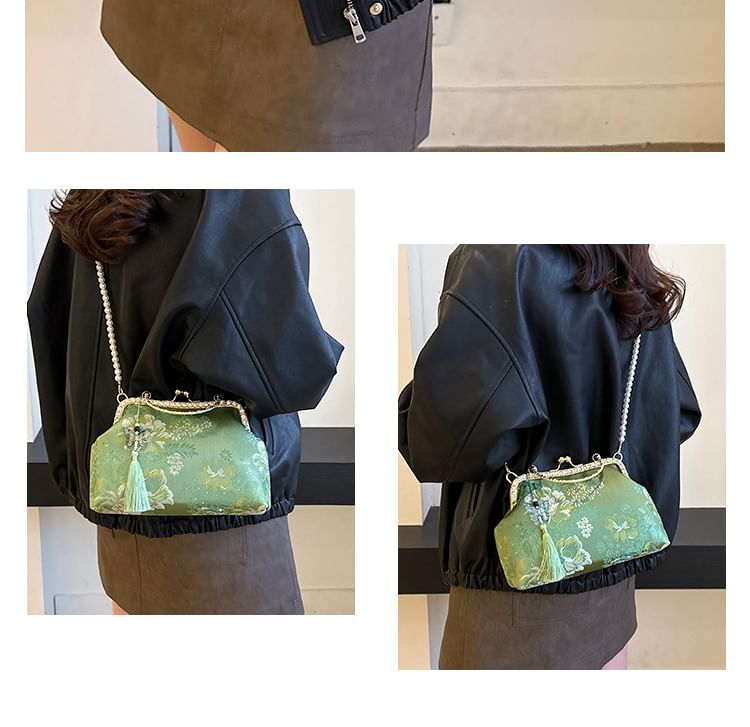 Embroidered Crossbody Bag Floral Kiss Pearl Strap Lock Tassel Faux