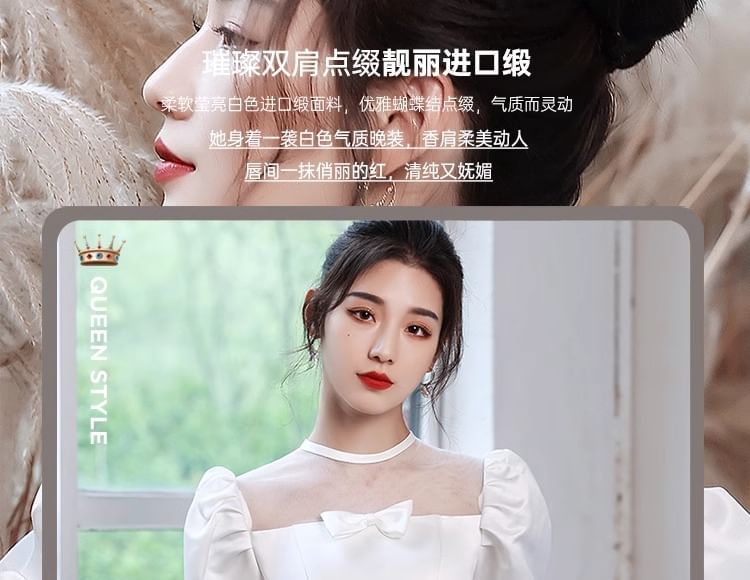 Short Sleeve Square Neck Bowknot Plain A-Line Wedding Gown