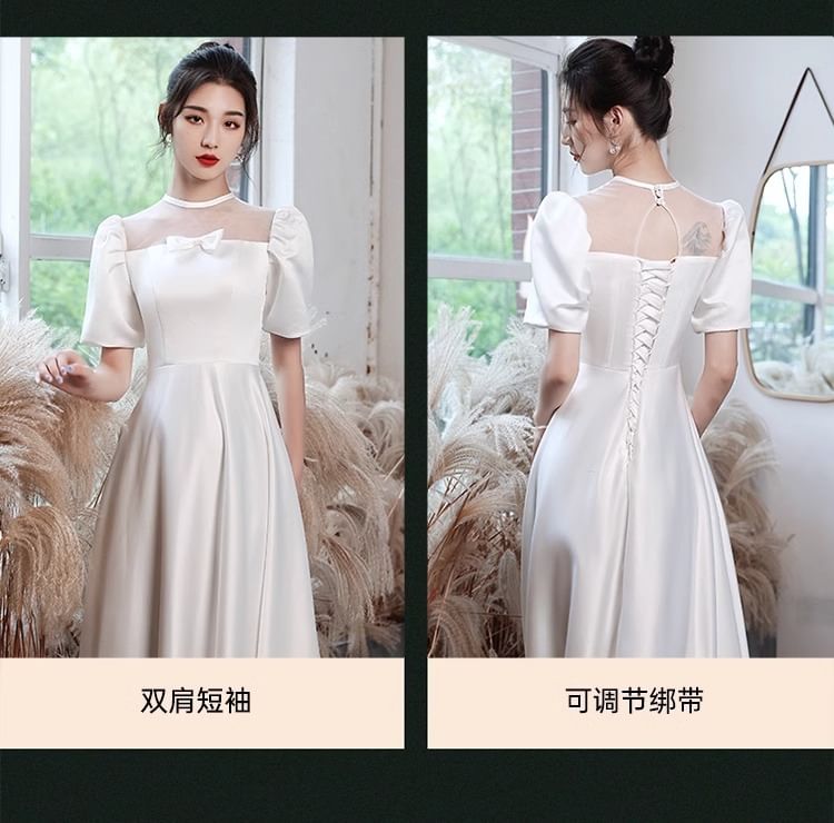 Short Sleeve Square Neck Bowknot Plain A-Line Wedding Gown