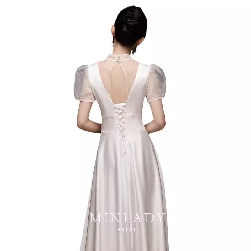 Short Sleeve Polka Dot Sheer Panel A-Line Wedding Gown