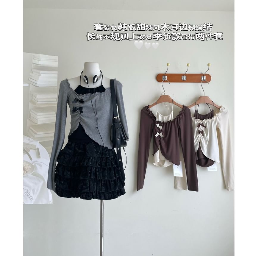 Top Crop Set Long-Sleeve Square Halter A-Line Asymmetrical Mini / Skirt Neck