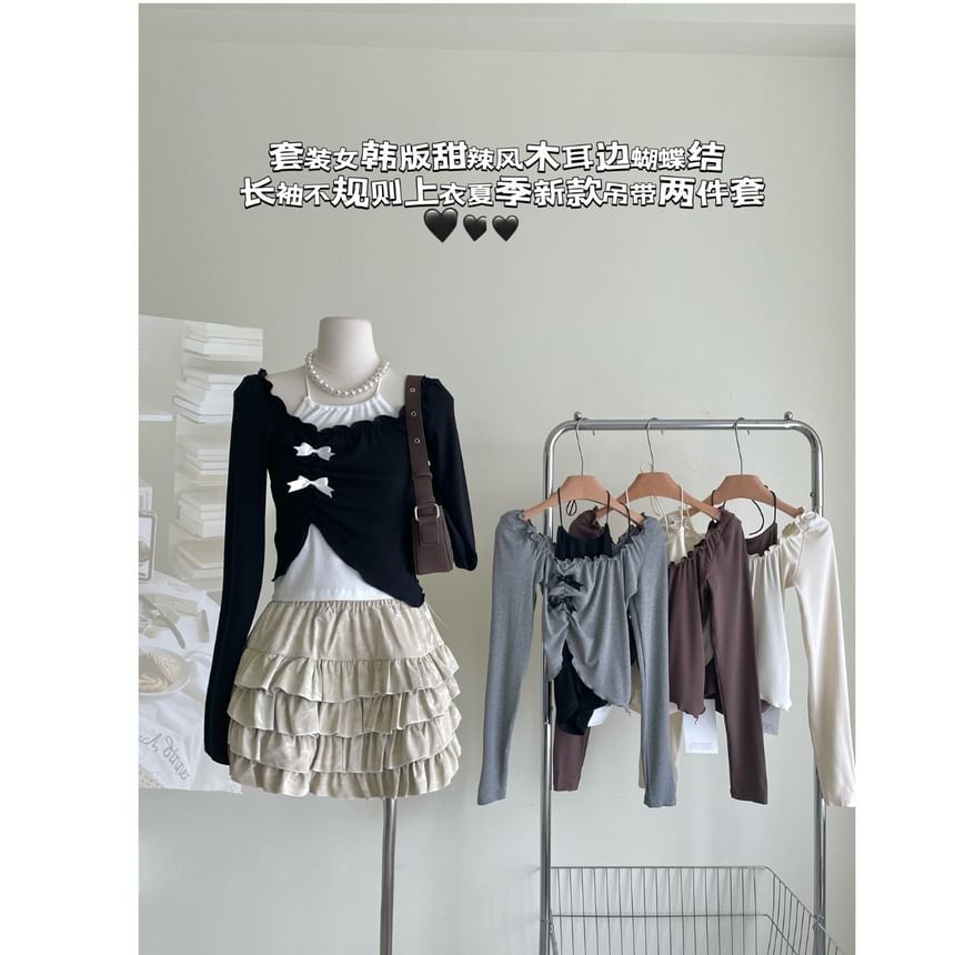 Top Crop Set Long-Sleeve Square Halter A-Line Asymmetrical Mini / Skirt Neck