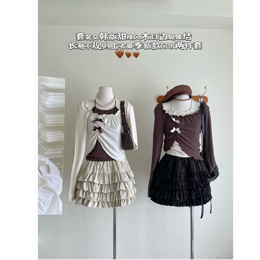 Top Crop Set Long-Sleeve Square Halter A-Line Asymmetrical Mini / Skirt Neck