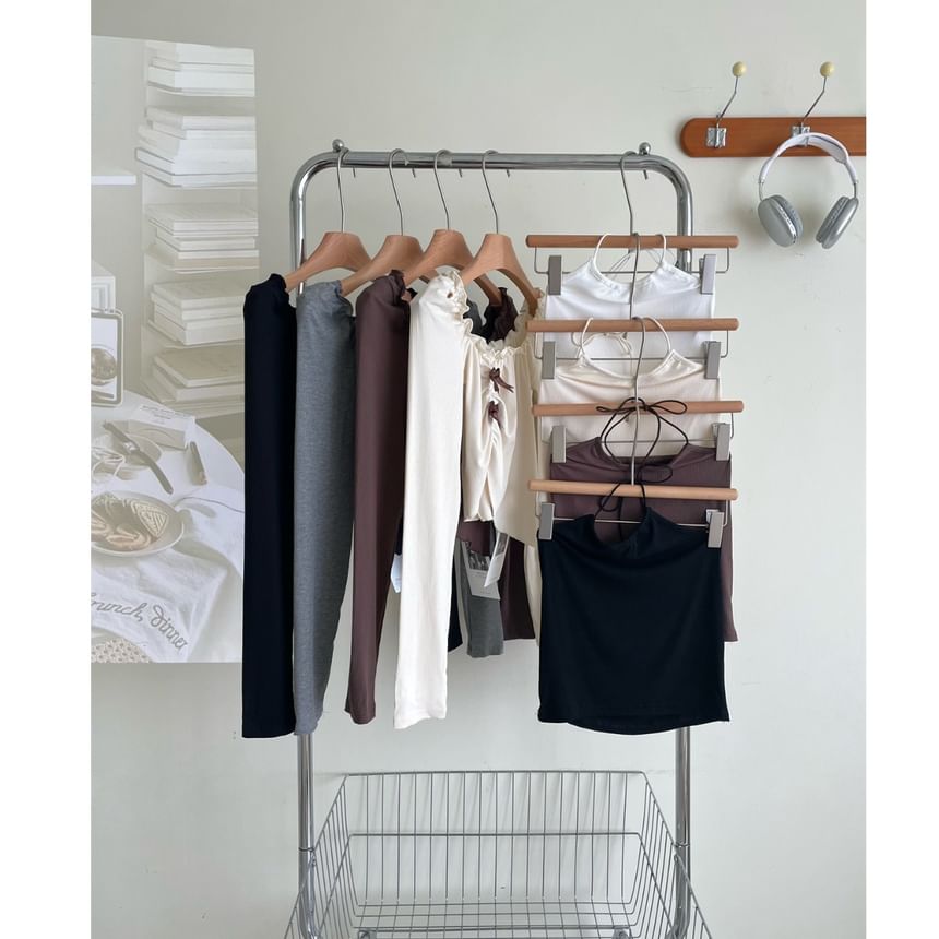 Top Crop Set Long-Sleeve Square Halter A-Line Asymmetrical Mini / Skirt Neck