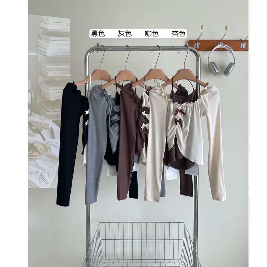 Top Crop Set Long-Sleeve Square Halter A-Line Asymmetrical Mini / Skirt Neck