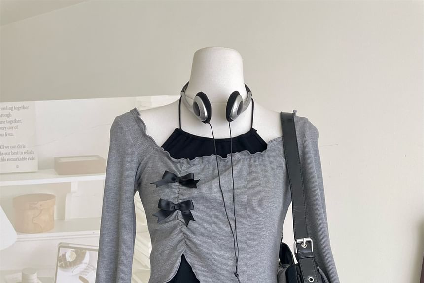 Top Crop Set Long-Sleeve Square Halter A-Line Asymmetrical Mini / Skirt Neck