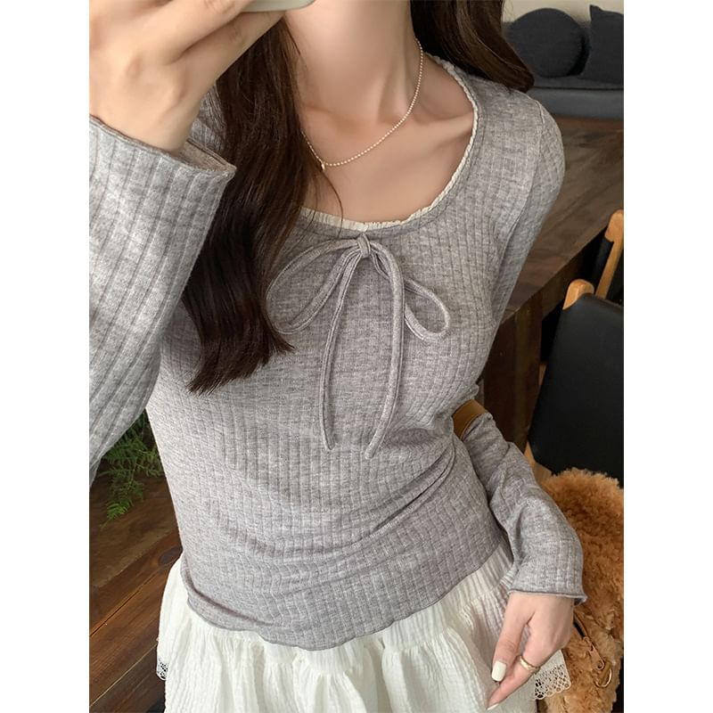 Long-Sleeve Round Neck Plain Bow Accent Frill Trim Slim Fit T-Shirt