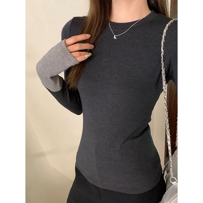 Long-Sleeve Round Neck Two Tone Slim Fit T-Shirt