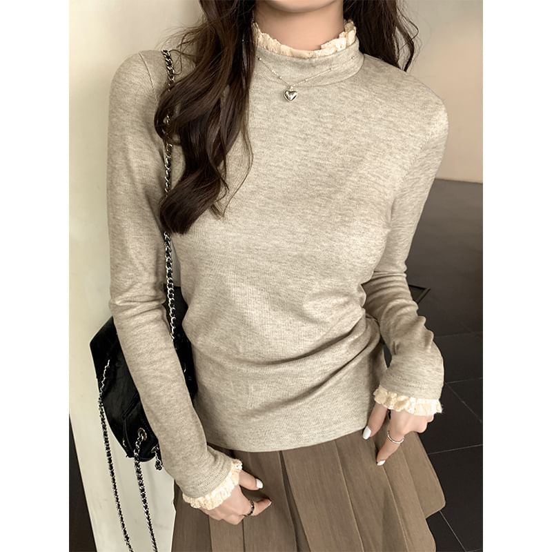 Long-Sleeve Mock Neck Lace Trim Slim Fit Tee