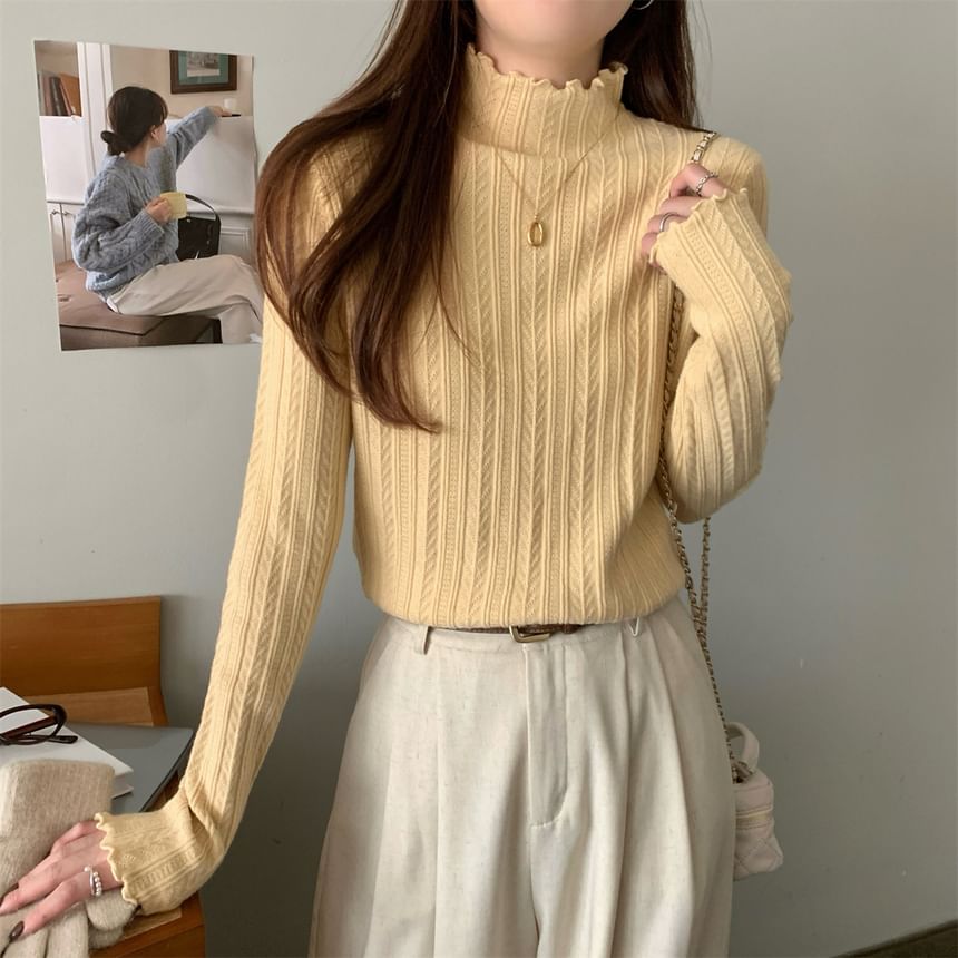 Long-Sleeve Mock Neck Plain Jacquard Lettuce Edge Knit Top