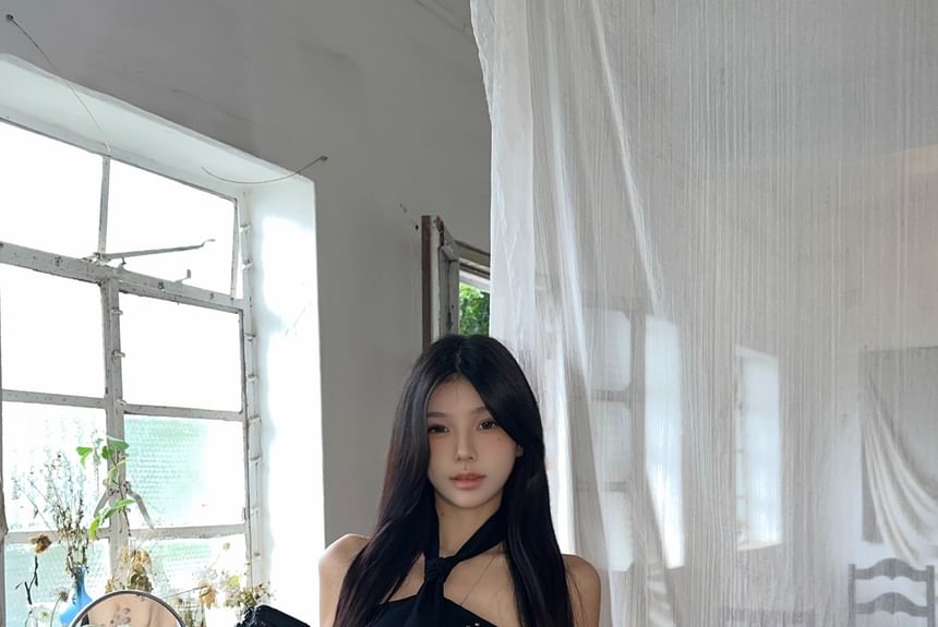 / Pleated Top Mini Plain Rise Belted Faux Studded Skirt Halter A-Line Leather Mid