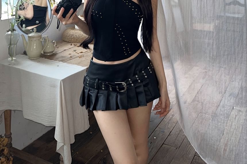 / Pleated Top Mini Plain Rise Belted Faux Studded Skirt Halter A-Line Leather Mid