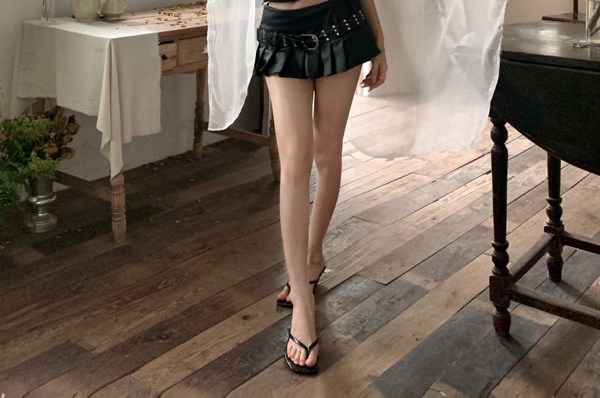 / Pleated Top Mini Plain Rise Belted Faux Studded Skirt Halter A-Line Leather Mid