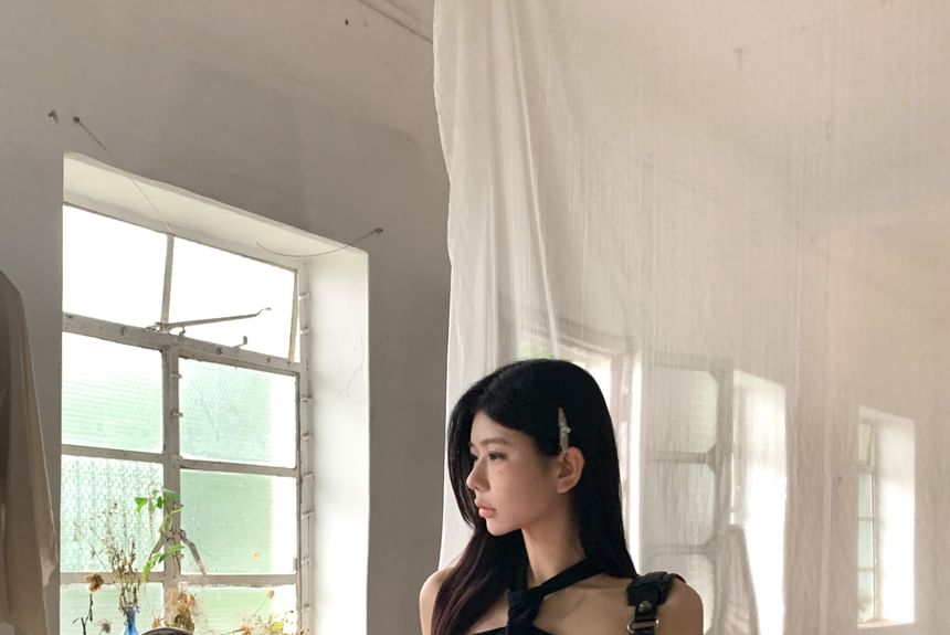 / Pleated Top Mini Plain Rise Belted Faux Studded Skirt Halter A-Line Leather Mid