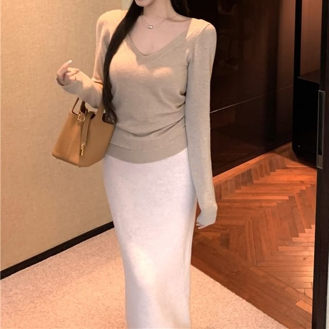 High Pencil / Sleeve Long Plain Bow Top Rise Knit Maxi Skirt V-Neck