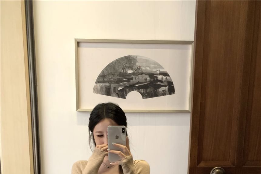 High Pencil / Sleeve Long Plain Bow Top Rise Knit Maxi Skirt V-Neck