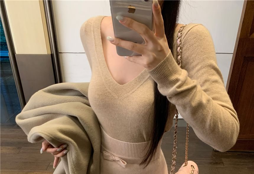 High Pencil / Sleeve Long Plain Bow Top Rise Knit Maxi Skirt V-Neck
