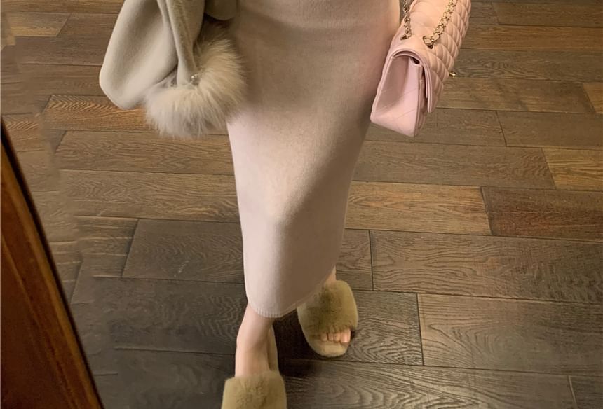 High Pencil / Sleeve Long Plain Bow Top Rise Knit Maxi Skirt V-Neck