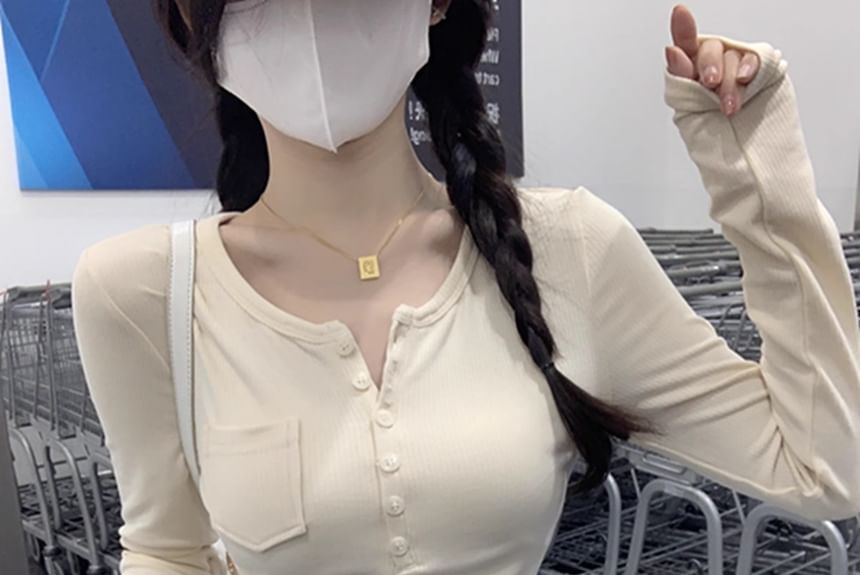 Long-Sleeve Half Buttoned Plain Top