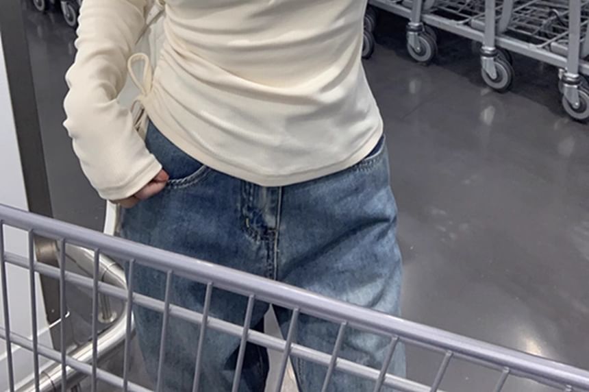 Long-Sleeve Half Buttoned Plain Top