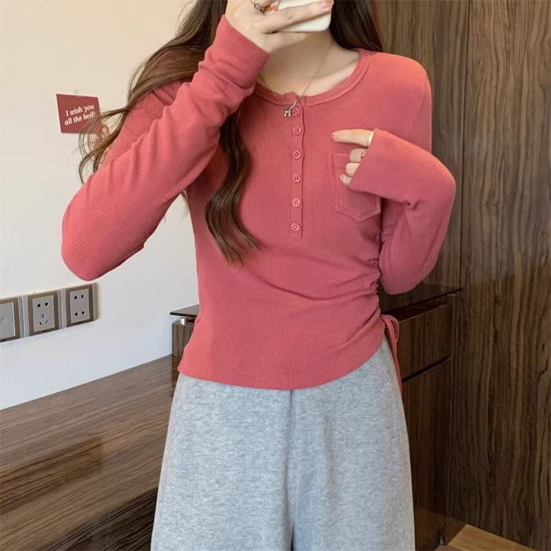 Long-Sleeve Half Buttoned Plain Top