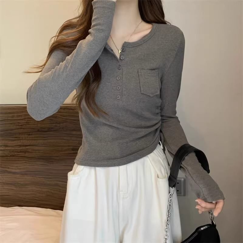 Long-Sleeve Half Buttoned Plain Top
