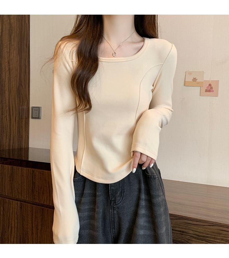 Long-Sleeve Square Neck Plain T-Shirt