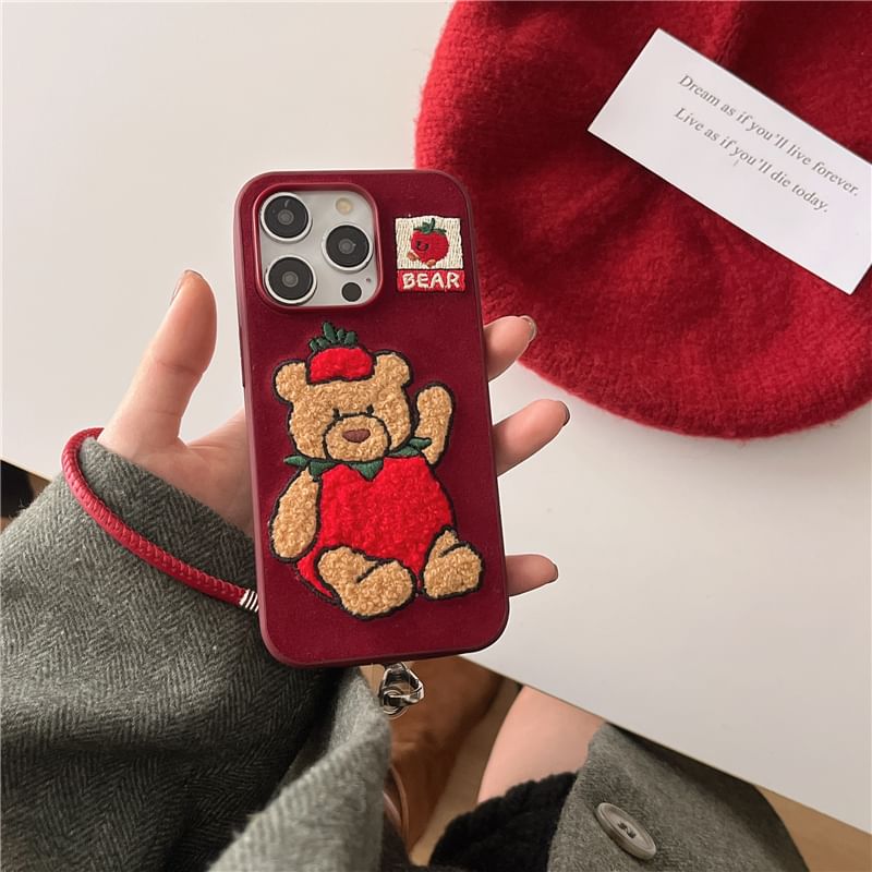 Strawberry Bear Embroidered Phone Case / Strap / Set - iPhone 16 Pro Max / 16 Pro / 16 Plus / 16 / 15 Pro Max / 15 Pro / 15 Plus / 15 / 14 Pro Max / 14 Pro / 14 Plus / 14 / 13 Pro Max / 13 Pro / 13