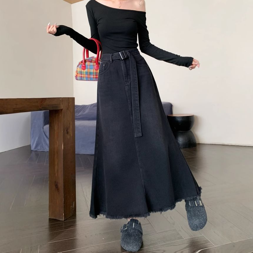 Set: High Waist Washed Frayed Denim Maxi A-Line Skirt + Belt