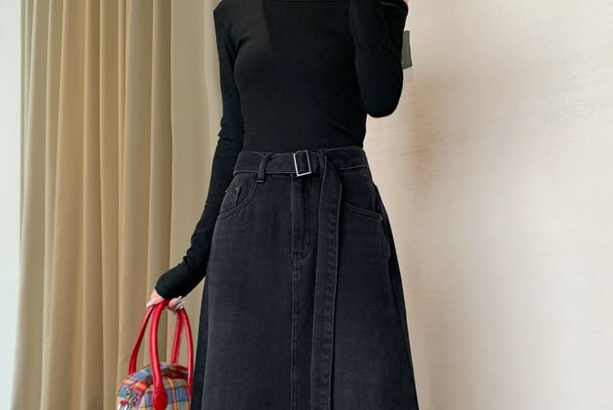 Set: High Waist Washed Frayed Denim Maxi A-Line Skirt + Belt