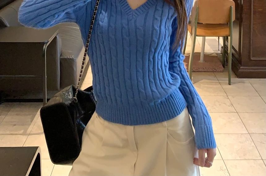 V-Neck Plain Cable Knit Sweater / High Waist Wide Leg Pants